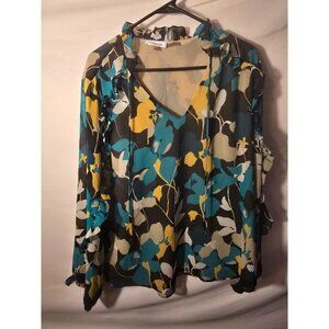 Calvin Klein Womens green Floral Vneck Blouse Top Shirt Career Office Size XL